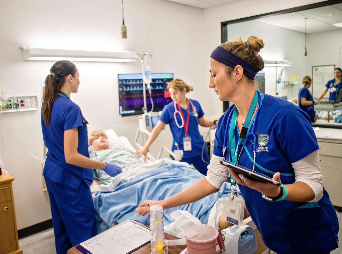 three chamberlain nurses in a simulated hospital setting 