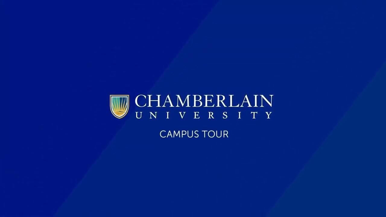 text of chamberlain university campus tour on blue screen